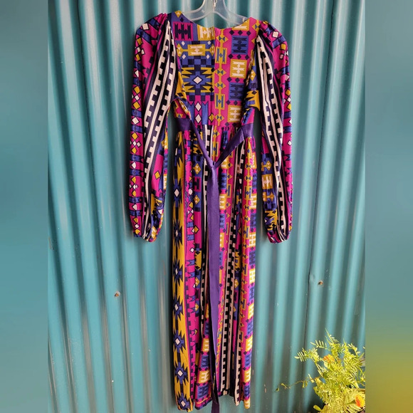 Vintage  Young Edwardian by Arpeja purple mosaic 70s party dress size 9 - Picture 7 of 10